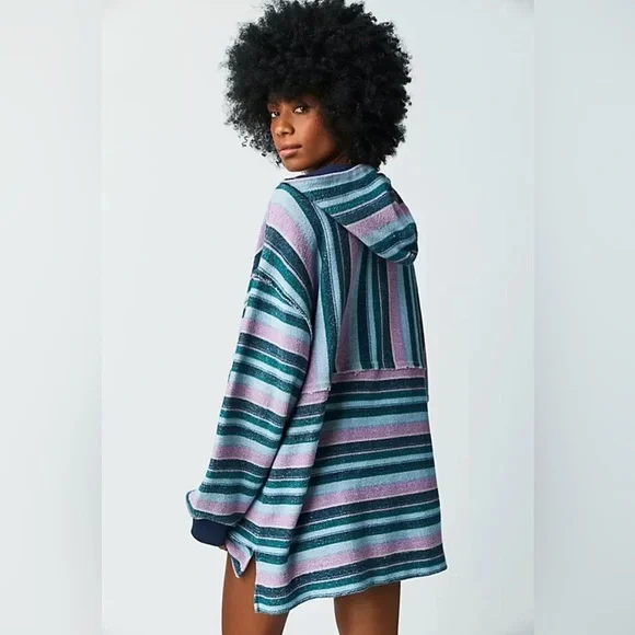 Free People Baja Sweatshirt Oversized V Neck Striped Printed Hoodie Tunic Top S - Picture 4 of 15